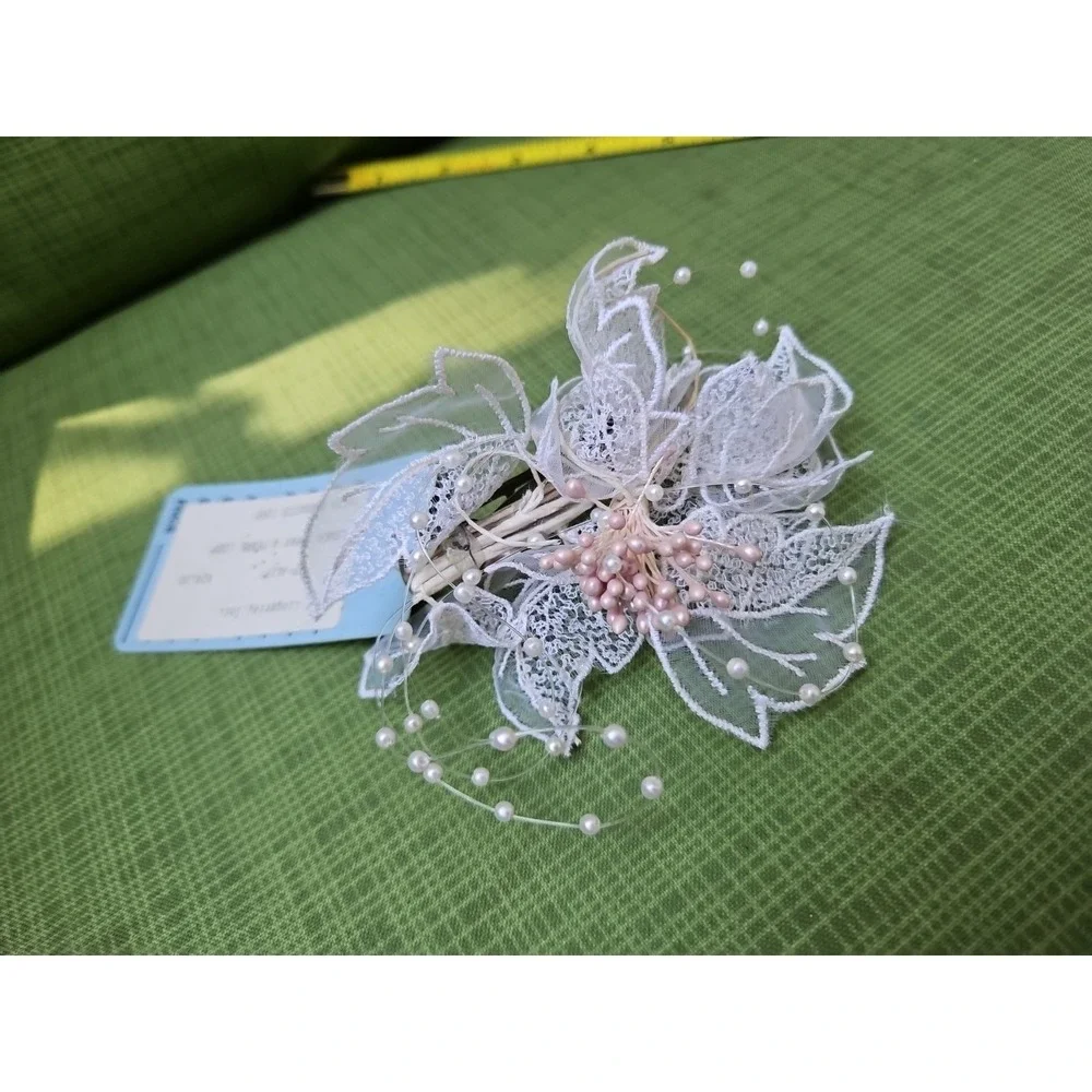 Hair Barrette Bridal Flower Pearls Spray Headpiece Wedding‎ Lace Pink 80s Y2K